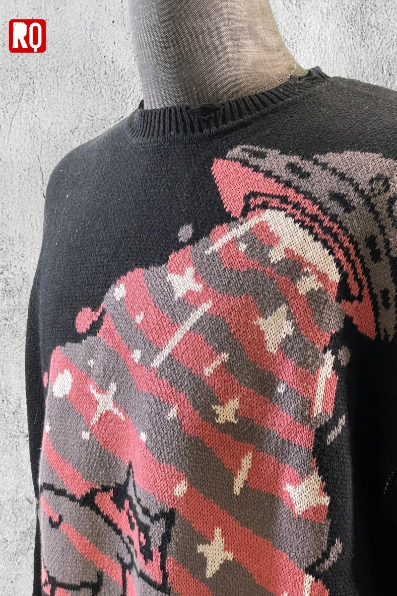 UFO takes Raccoon Knitted distressed sweater - rage quit