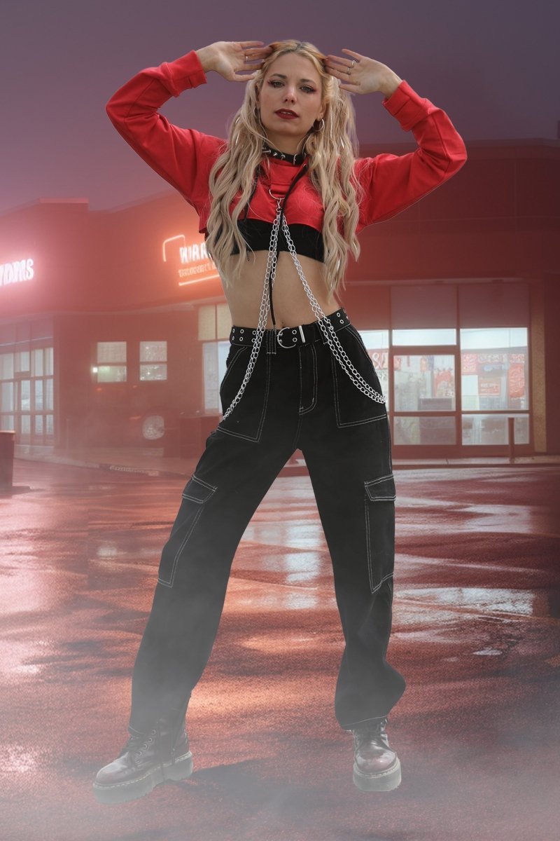 women long sleeves hooded crop top, bust out cut with decorative chains, punk attitude hoodie - rage quit