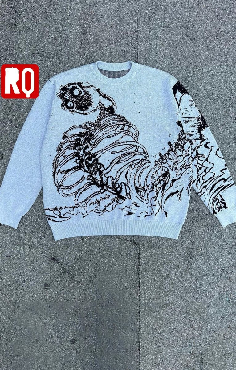 Alien skeleton knitted sweater, jacquard sweater, y2k anime design, harajuku fashion - rage quit