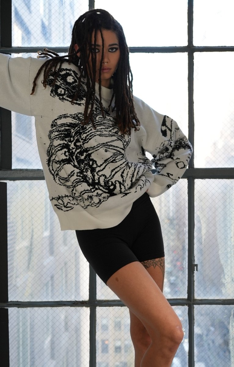 Alien skeleton knitted sweater, jacquard sweater, y2k anime design, harajuku fashion - rage quit