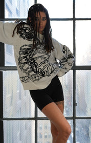 Alien skeleton knitted sweater, jacquard sweater, y2k anime design, harajuku fashion - rage quit