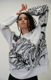 Alien skeleton knitted sweater, jacquard sweater, y2k anime design, harajuku fashion - rage quit