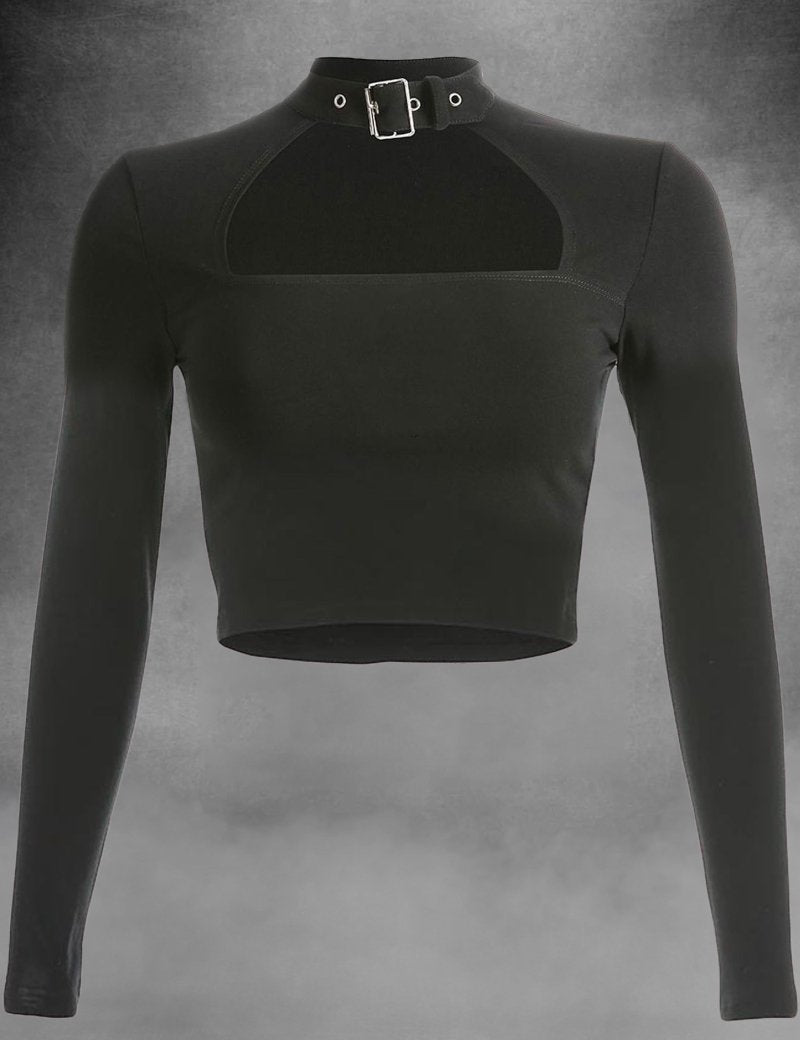 Black Cut Out Sexy Long Sleeve Crop Top - rage quit