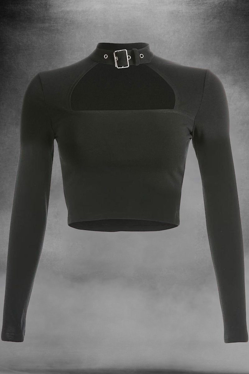 Black Cut Out Sexy Long Sleeve Crop Top - rage quit