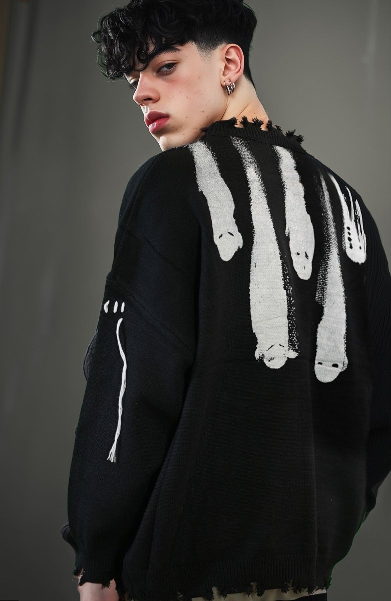Black Ghosts distressed sweater, high quality cotton sweater, Y2K grunge street style - rage quit