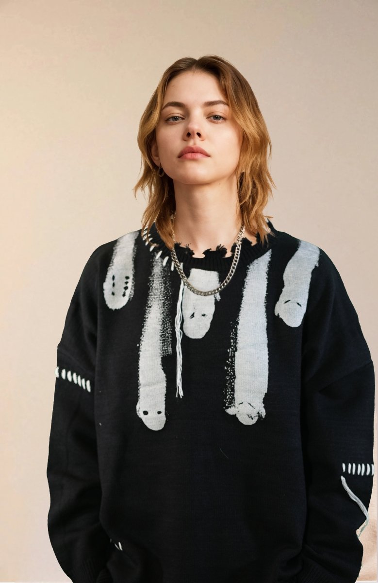 Black Ghosts distressed sweater, high quality cotton sweater, Y2K grunge street style - rage quit
