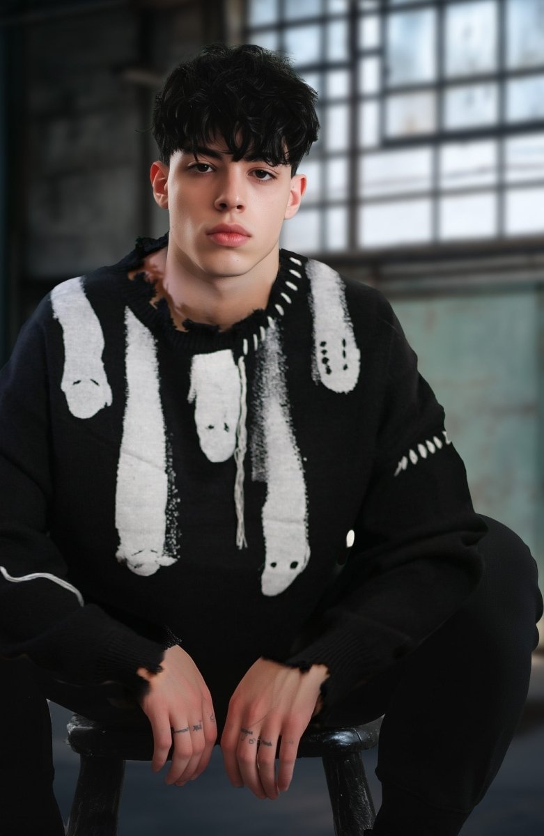 Black Ghosts distressed sweater, high quality cotton sweater, Y2K grunge street style - rage quit
