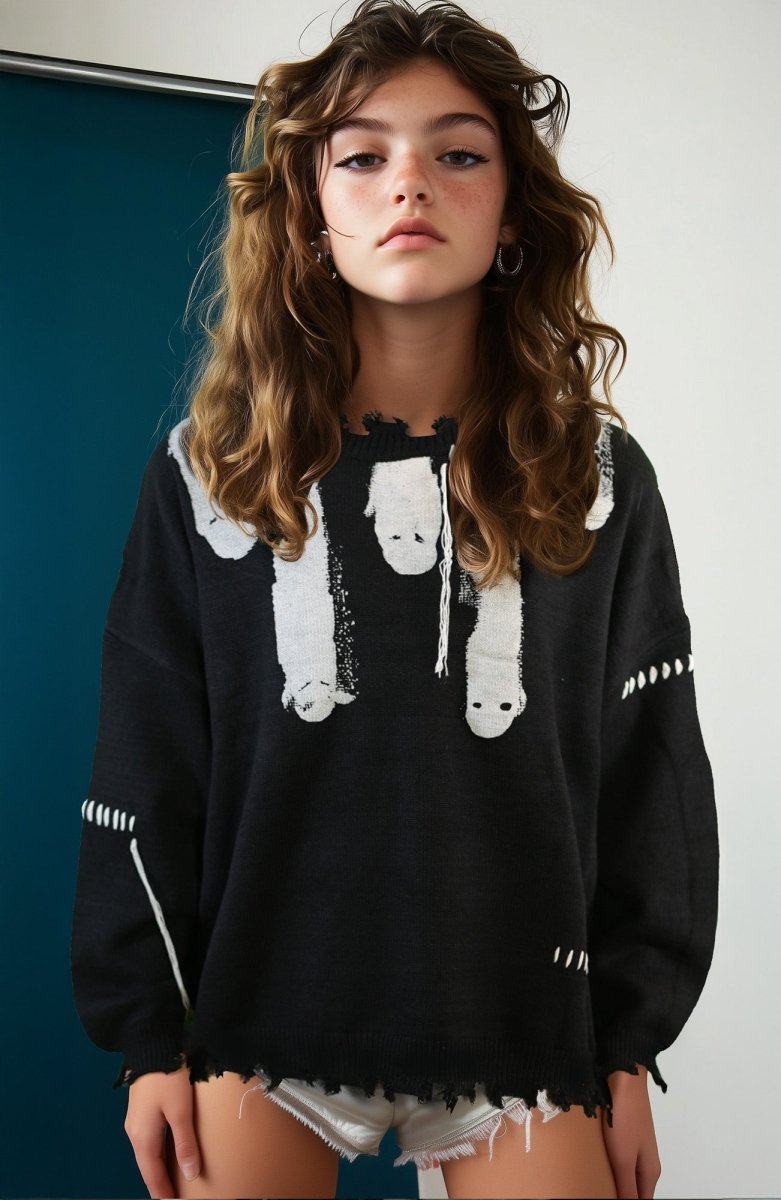 Black Ghosts distressed sweater, high quality cotton sweater, Y2K grunge street style - rage quit