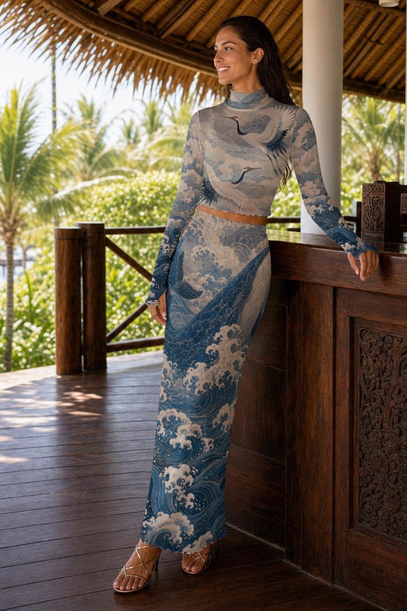 Blue Ocean Mesh Skirt Set, sheer Japanese Wave Two Piece - rage quit