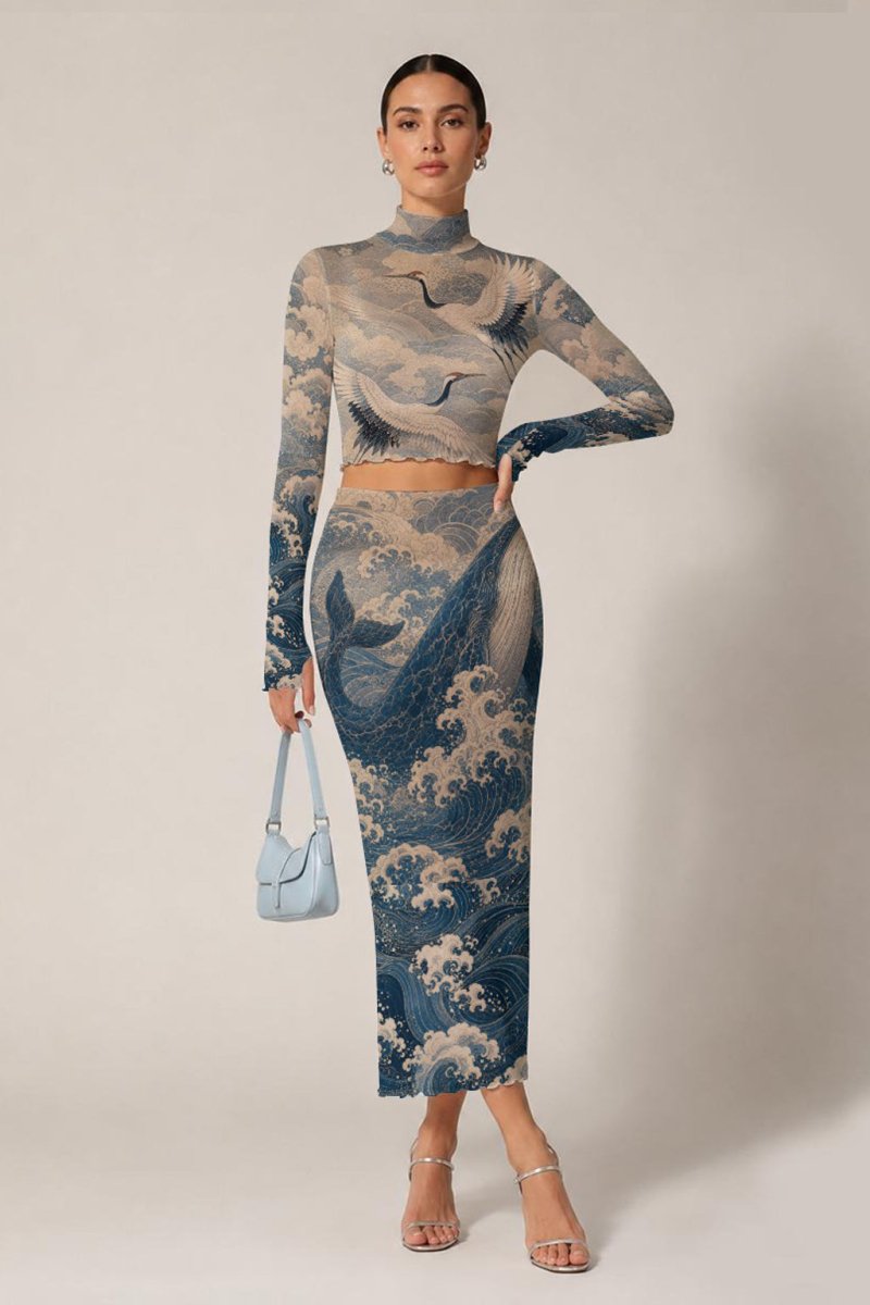 Blue Ocean Mesh Skirt Set, sheer Japanese Wave Two Piece - rage quit