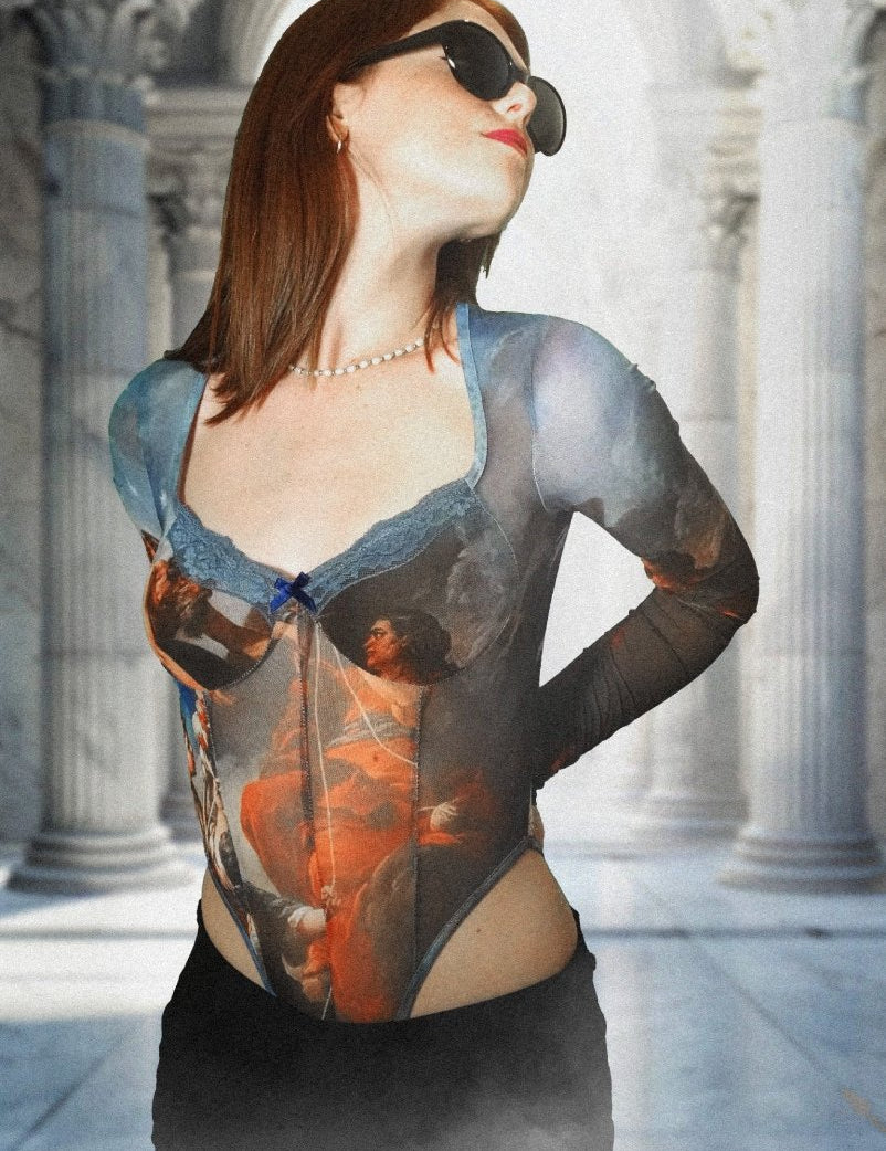 Blue Rococo mesh bodysuit top, long sleeves, classic art design - rage quit