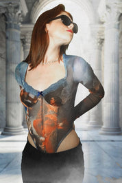 Blue Rococo mesh bodysuit top, long sleeves, classic art design - rage quit