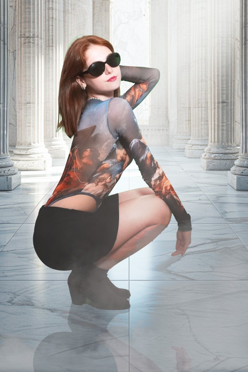 Blue Rococo mesh bodysuit top, long sleeves, classic art design - rage quit