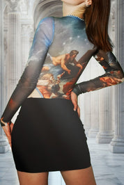 Blue Rococo mesh bodysuit top, long sleeves, classic art design - rage quit