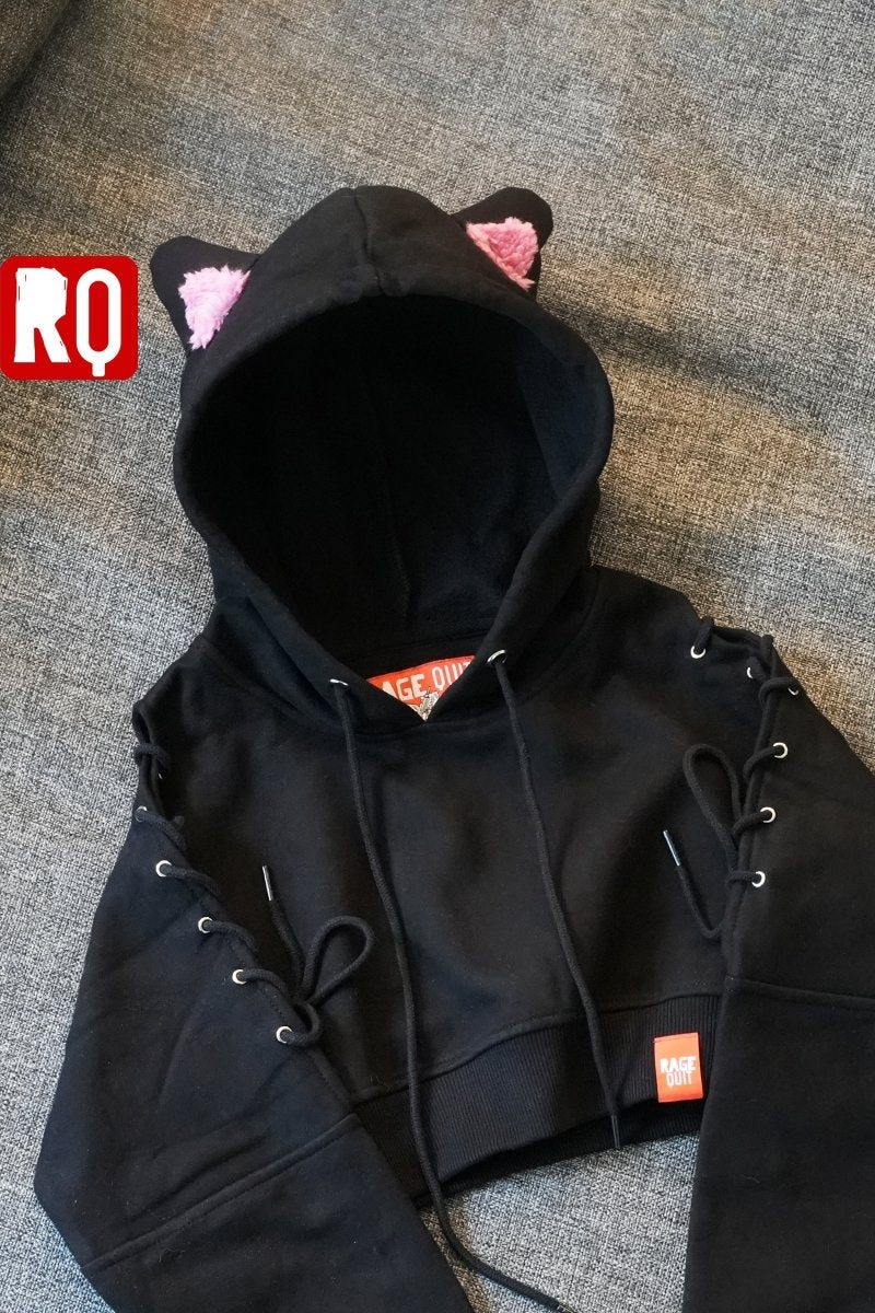 Cat ears black cropped hoodie with open shoulders, lace up, crop top - rage quit