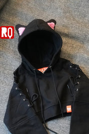 Cat ears black cropped hoodie with open shoulders, lace up, crop top - rage quit