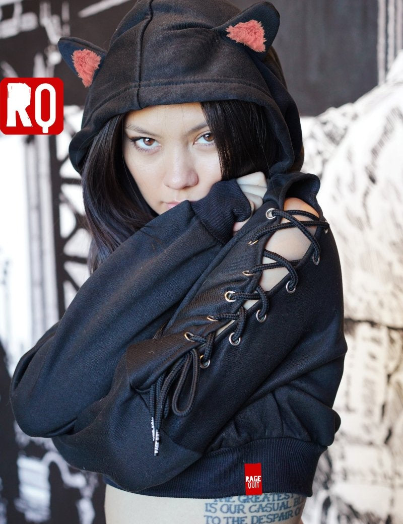 Cat ears black cropped hoodie with open shoulders, lace up, crop top - rage quit