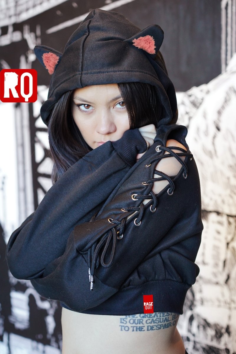 Cat ears black cropped hoodie with open shoulders, lace up, crop top - rage quit