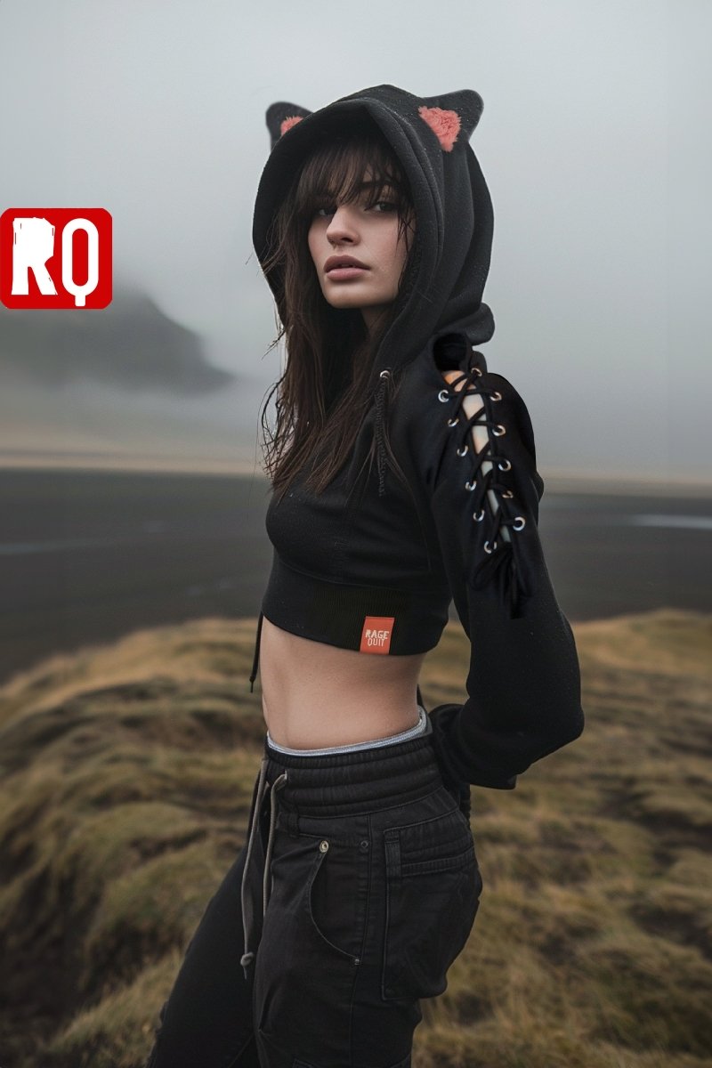 Cat ears black cropped hoodie with open shoulders lace up crop top rage quit