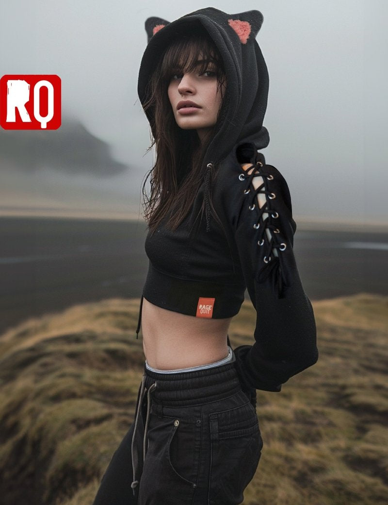 Cat ears black cropped hoodie with open shoulders, lace up, crop top - rage quit