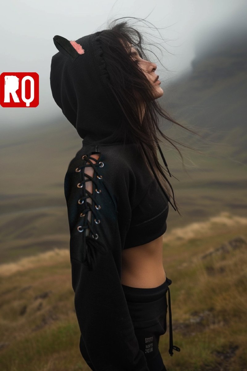 Cat ears black cropped hoodie with open shoulders, lace up, crop top - rage quit