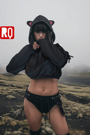 Cat ears black cropped hoodie with open shoulders, lace up, crop top - rage quit