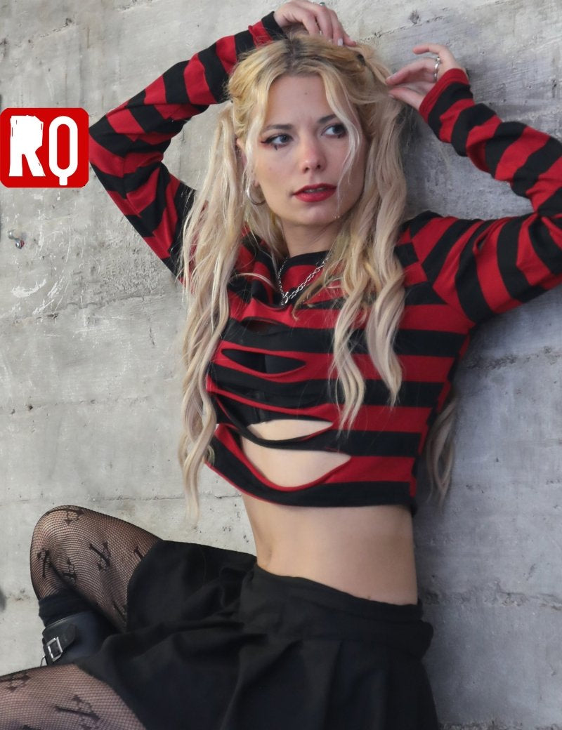 Cutout crop top with red and black stripes - rage quit