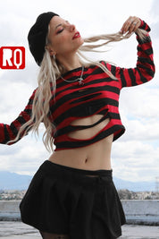 Cutout crop top with red and black stripes - rage quit