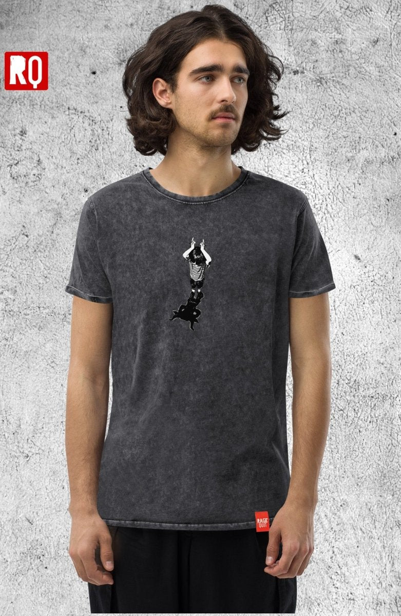 Devil boy unisex washed t shirt, woodcut art - rage quit