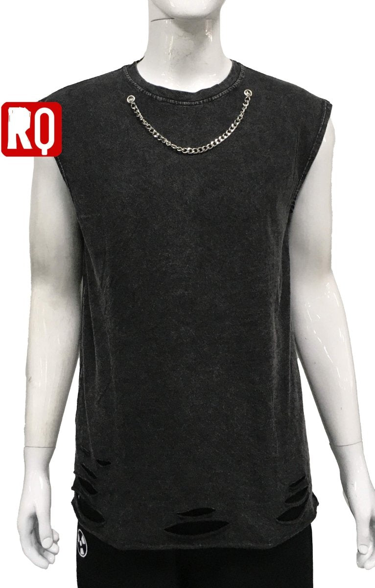 Distressed wash sleeveless shirt with silver necklace attached - rage quit