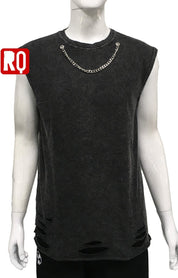 Distressed wash sleeveless shirt with silver necklace attached - rage quit