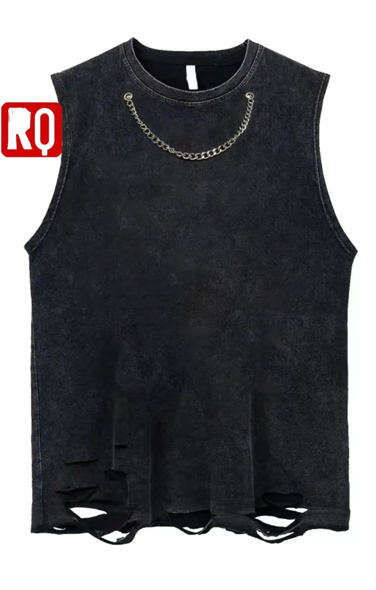 Distressed wash sleeveless shirt with silver necklace attached - rage quit