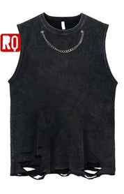 Distressed wash sleeveless shirt with silver necklace attached - rage quit