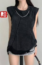 Distressed wash sleeveless shirt with silver necklace attached - rage quit