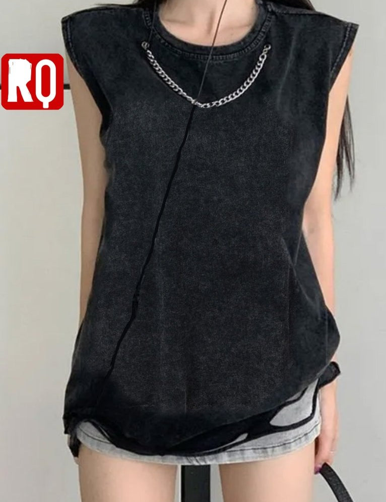 Distressed wash sleeveless shirt with silver necklace attached - rage quit