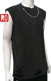 Distressed wash sleeveless shirt with silver necklace attached - rage quit