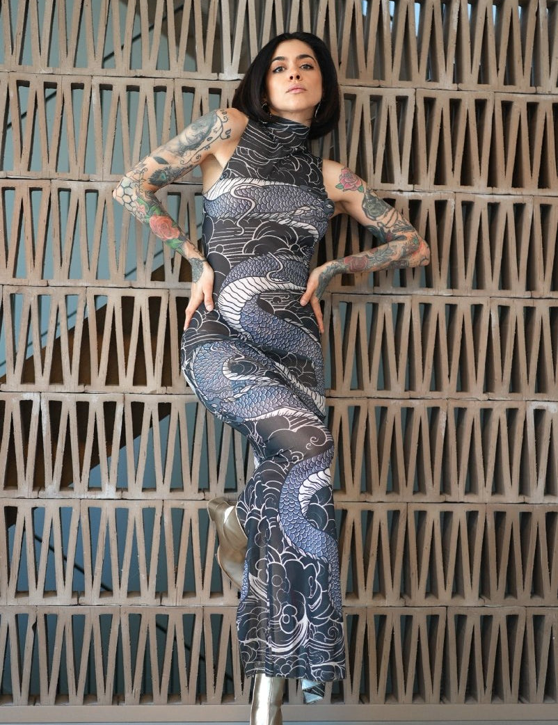 Dragon's embrace bodycon sheer mesh dress - rage quit