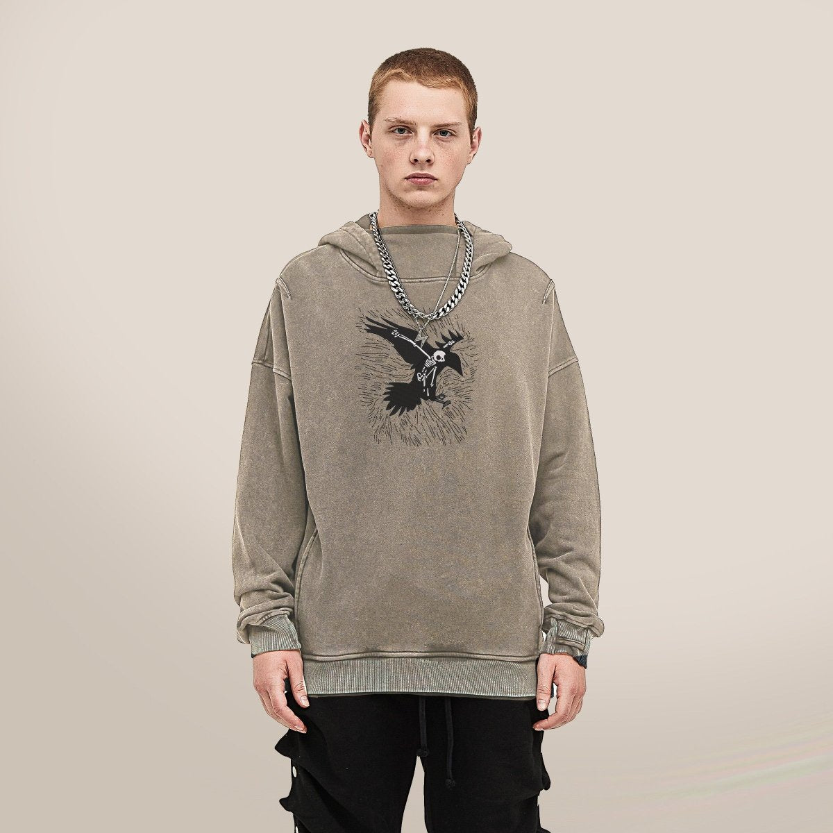 Embroidered crow skeleton hoodie - rage quit