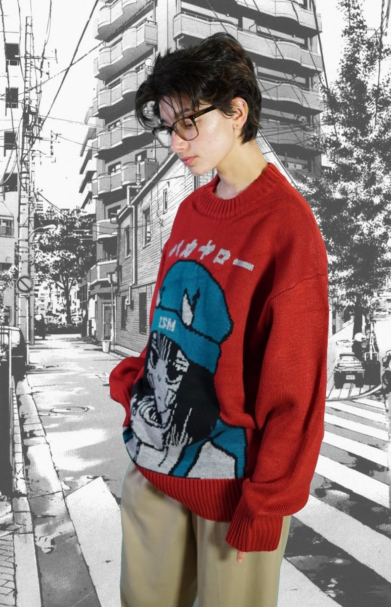 Harajuku red knitted sweater - rage quit