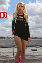 Hollow Out Black Mini Dress With Long Sleeve and Rhinestone Letters - rage quit