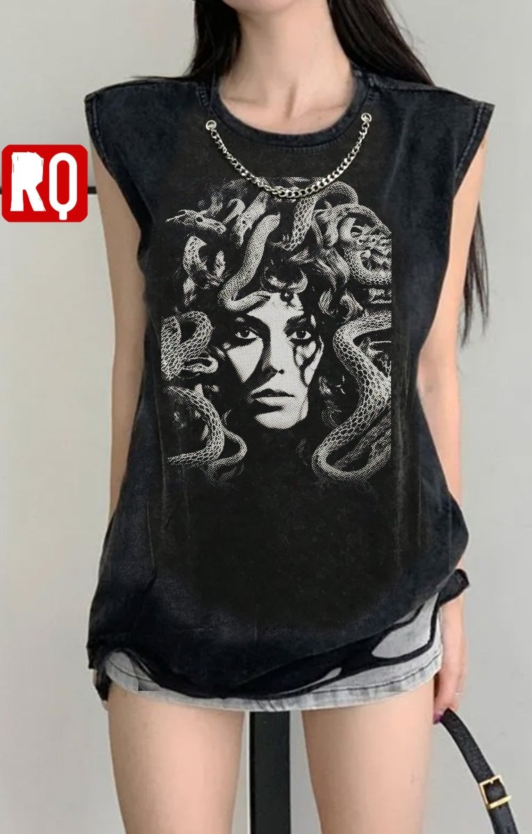 Medusa sleeveless wash and distressed shirt, attached metallic necklace - rage quit