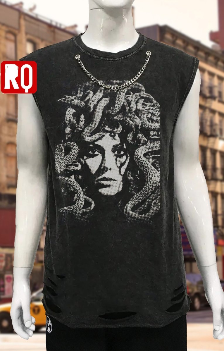 Medusa sleeveless wash and distressed shirt, attached metallic necklace - rage quit