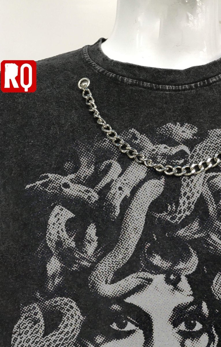 Medusa sleeveless wash and distressed shirt, attached metallic necklace - rage quit