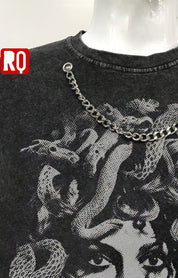 Medusa sleeveless wash and distressed shirt, attached metallic necklace - rage quit