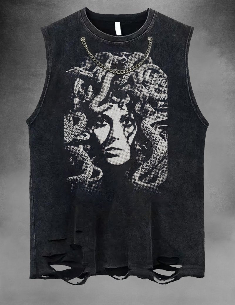 Medusa sleeveless wash and distressed shirt, attached metallic necklace - rage quit