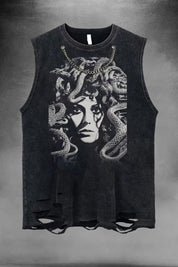 Medusa sleeveless wash and distressed shirt, attached metallic necklace - rage quit