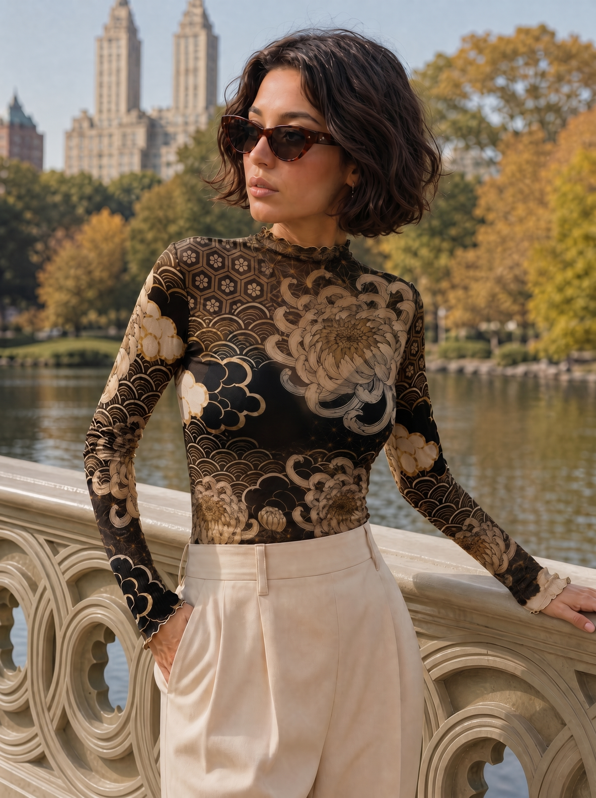 Midnight Chrysanthemum Mesh Top