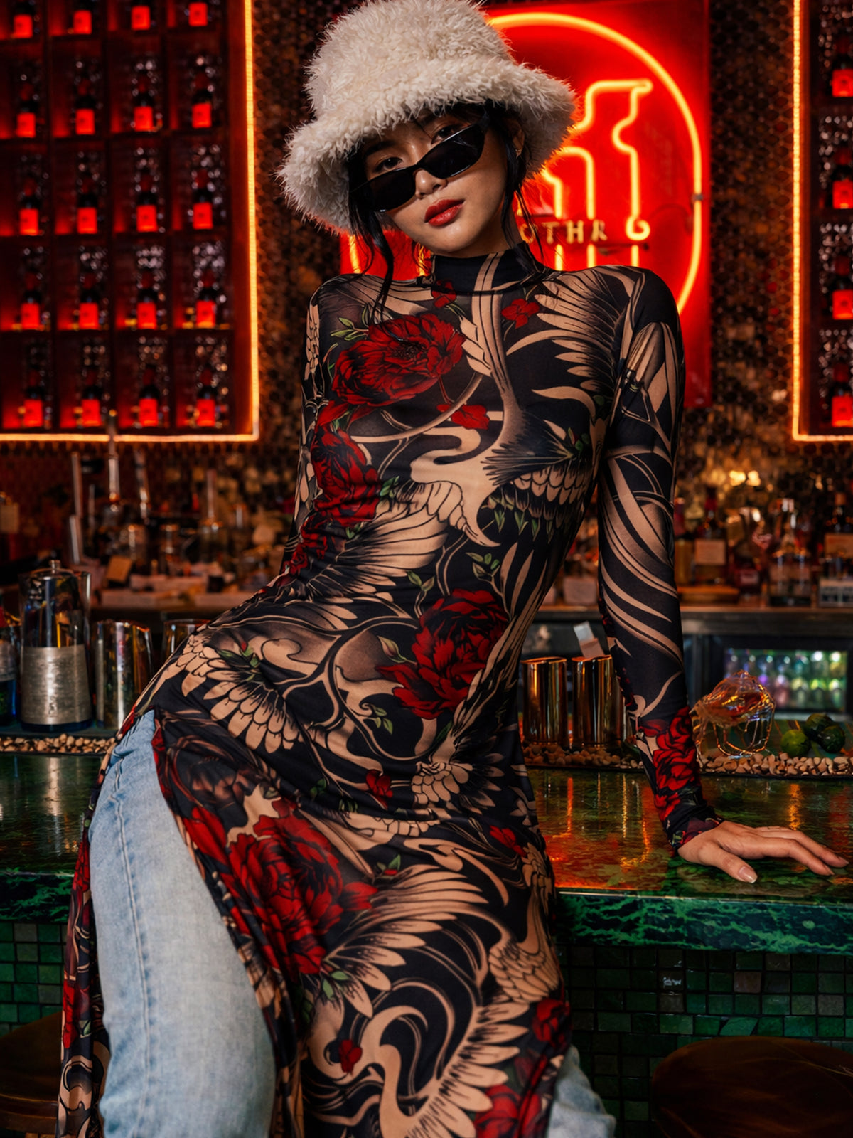 Japanese Crane mesh bodycon dress
