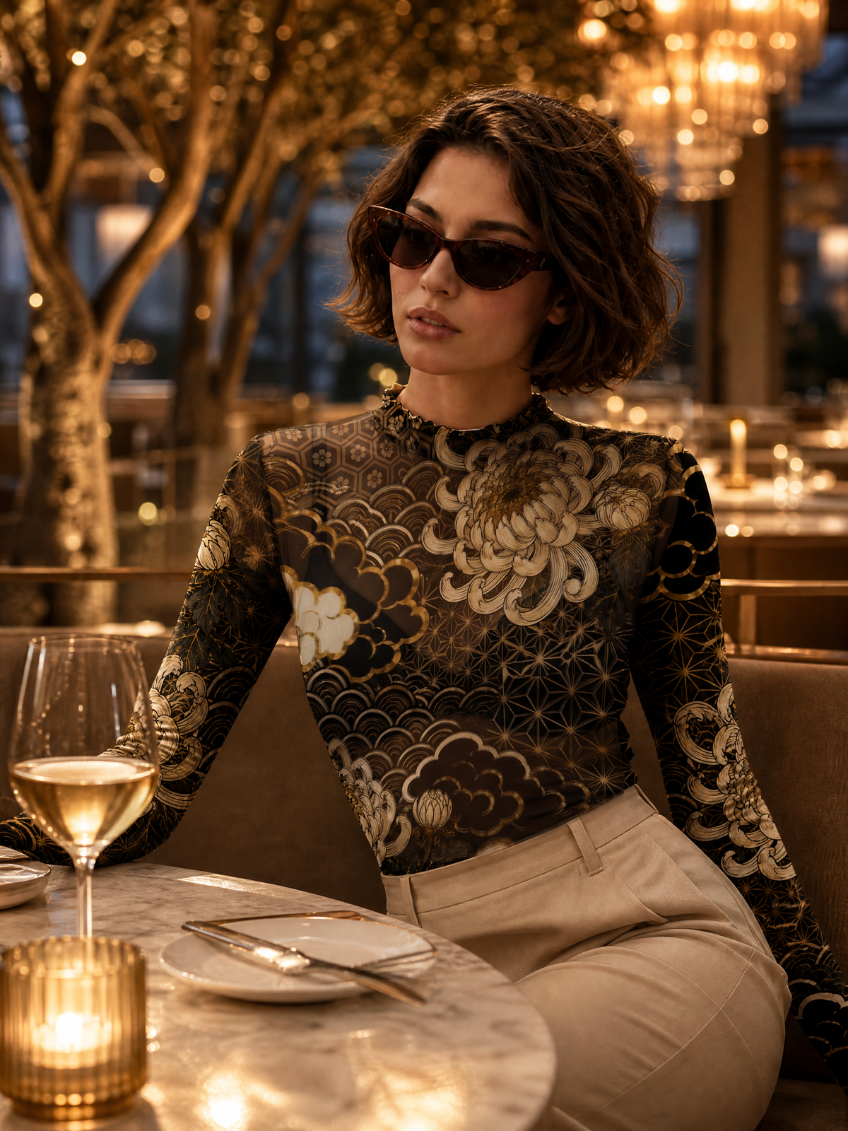 Midnight Chrysanthemum Mesh Top
