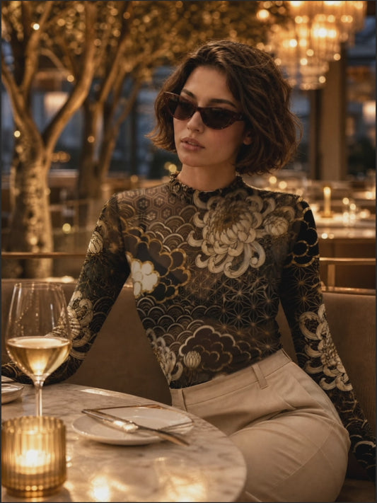 Midnight Chrysanthemum Mesh Top